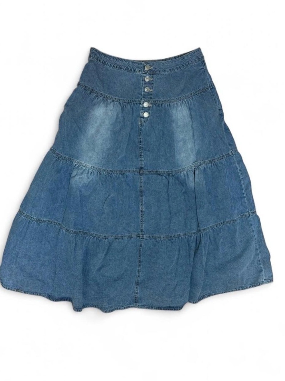 Medium Blue Tiered Denim Midi Skirt with Button Front and POCKETS